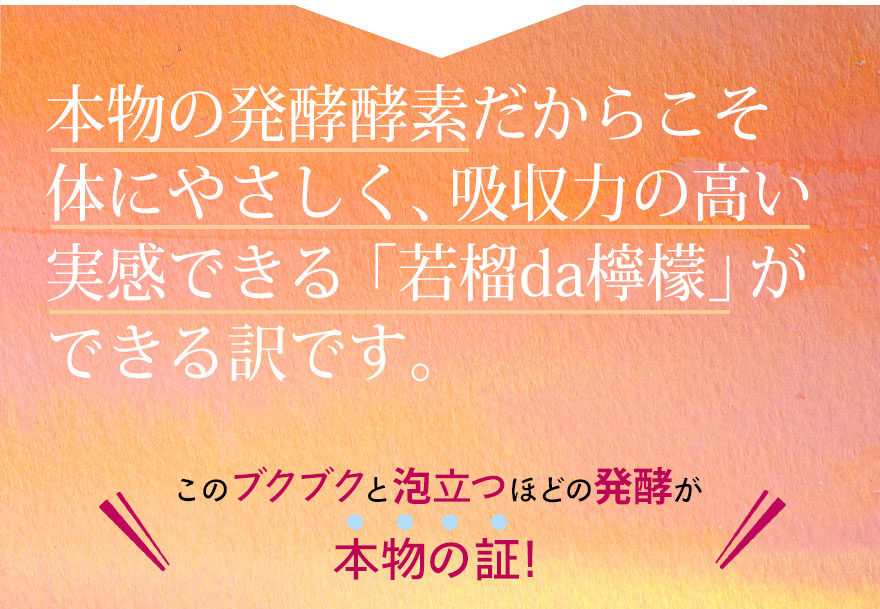 本物の発酵酵素だからこそ、体にやさしく、吸収力の高い実感できる「若榴da檸檬」ができる訳です。