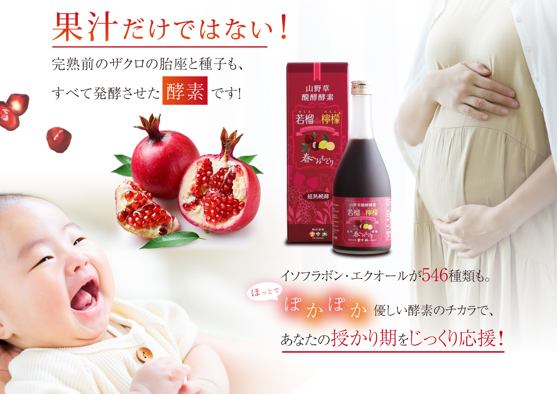 果汁だけではない！　完熟前の若榴の胎座と種子も、すべて発酵させた酵素です！　イソフラボン・エクオールが546種類も。　ほっとぽかぽか優しい酵素のチカラで、あなたの授かり期をじっくり応援！