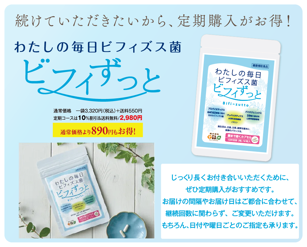 続けていただきたいから、定期購入がお得！わたしの毎日ビフィズス菌ビフィずっと。
		通常価格1袋3,320円（税込）＋送料550円。定期コースは10%割引＆送料無料/2,980円。通常価格より890円もお得！
		じっくり長くお付き合いいただくために、ぜひ定期購入がおすすめです。お届けの間隔やお届け日はご都合に合わせて、継続回数に関わらず変更いただけます。もちろん、日付や曜日ごとのご指定も承ります。