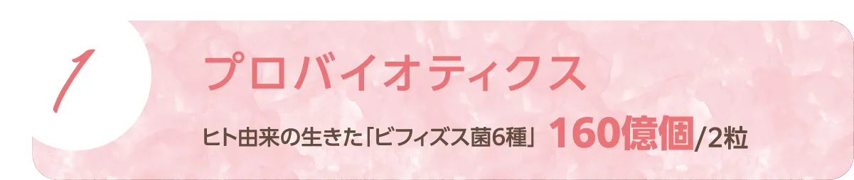 1.プロバイオティクス：ヒト由来の生きた「ビフィズス菌6種」160個/2粒